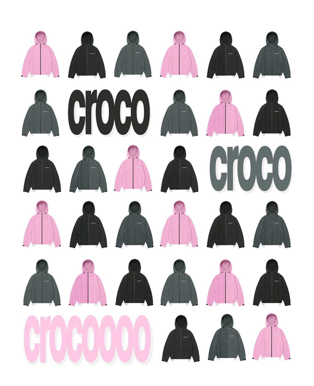 Affiche Crocodile Rainjacket : vestes vertes, noires et roses
